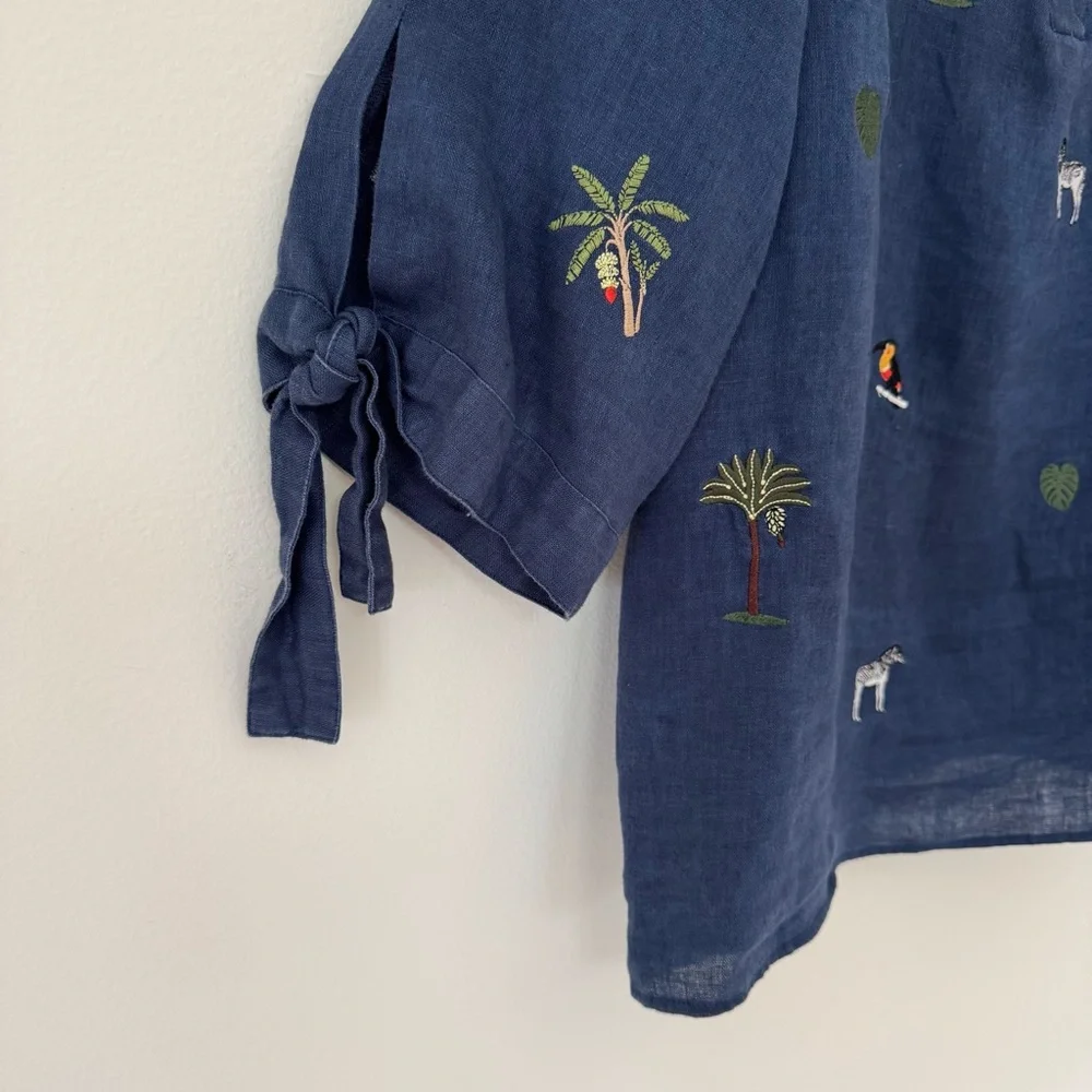 Vilagallo Navy Linen Embroidered Tropical Blouse with Toucan & Palm Motifs Sz 12 - Picture 7 of 13